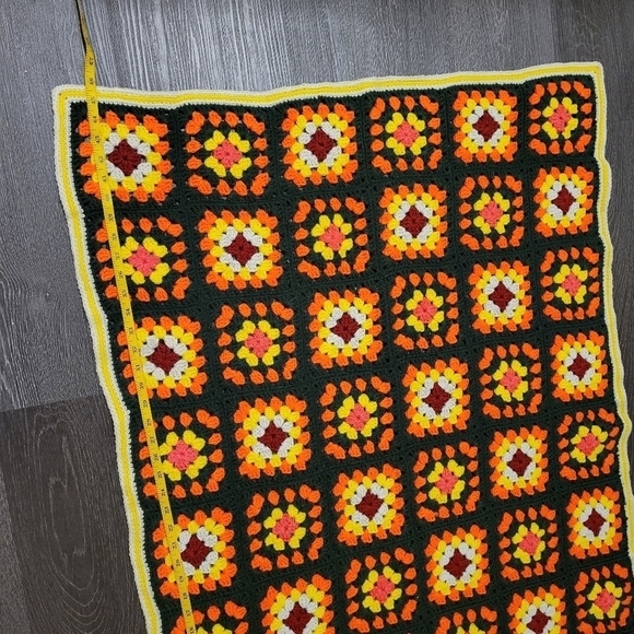 Afghan Hand Crochet Granny Square Blanket Throw Wool Yellow Orange Green - Picture 3 of 5